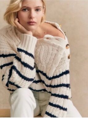 Sezane Striped Cream and Navy Knit Button-Shoulder Sweater